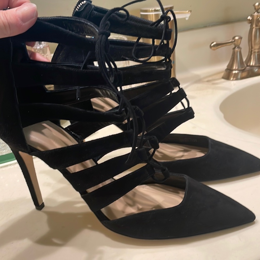 J Crew cage style suede heels